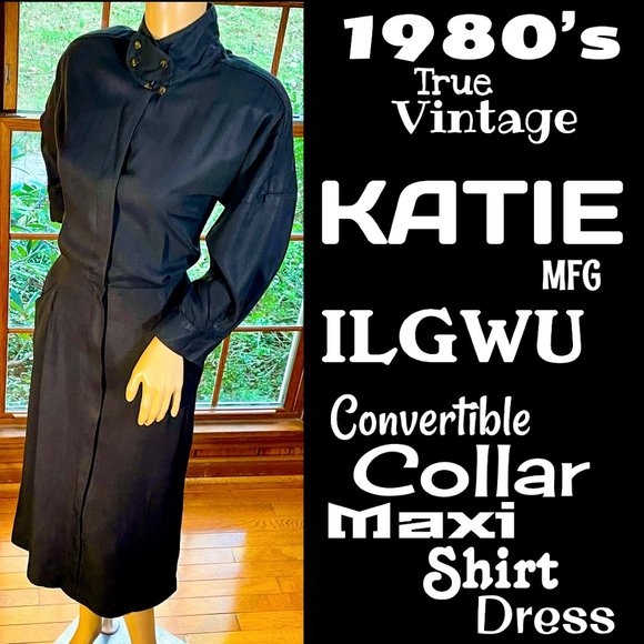 Vintage Dresses & Skirts - ▪️VTG▪️KATIE▪️ILGWU▪️1980's Black Convertible Collar Pocket Maxi Shirt Dress